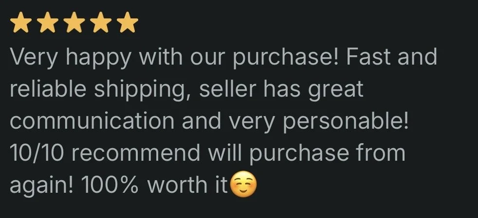 Customer review with five-star rating praising fast shipping, good communication, and personable seller; highly recommends and would buy again.