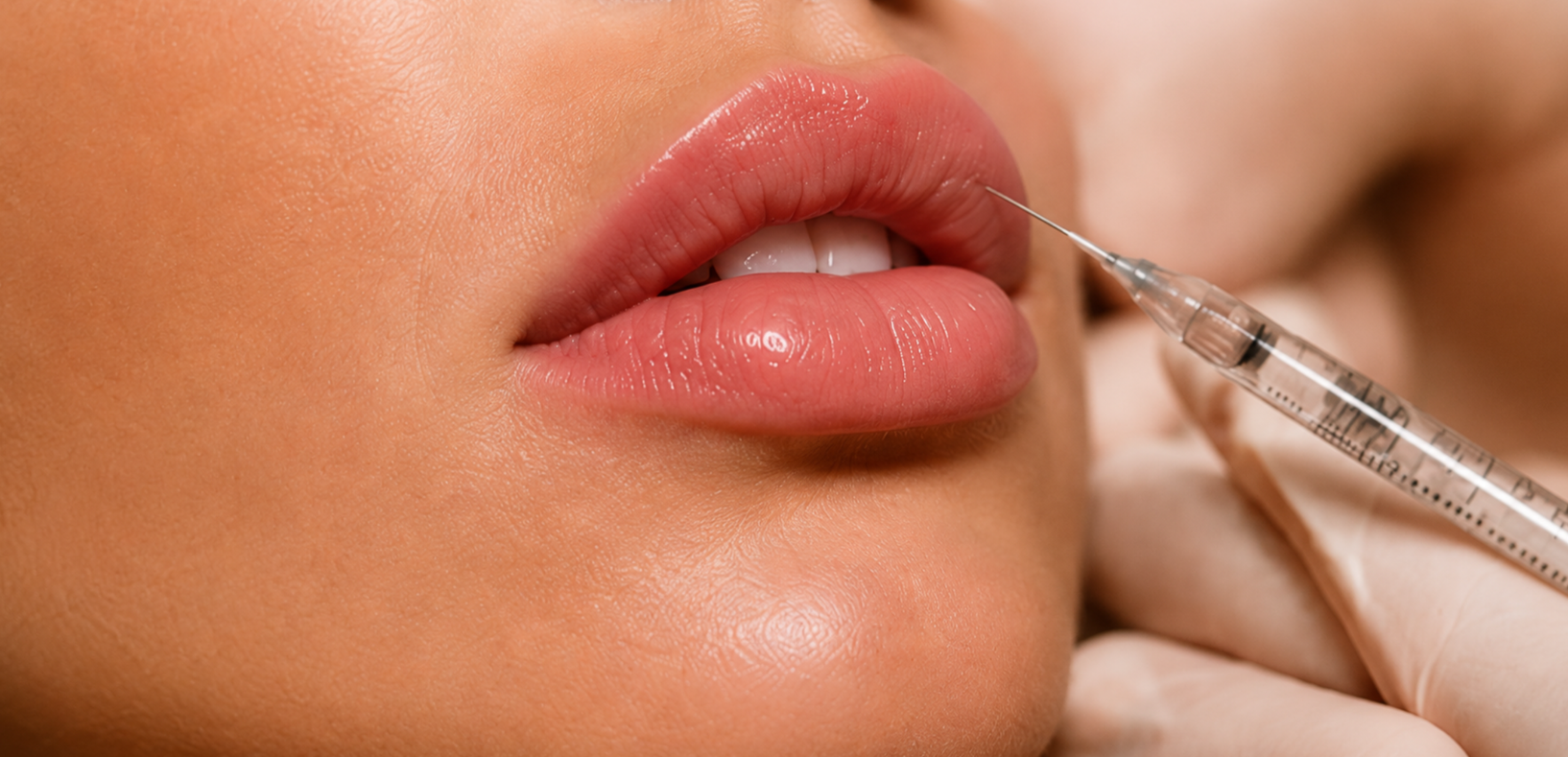 Close-up of a woman receiving a cosmetic injection near her lips with a syringe.