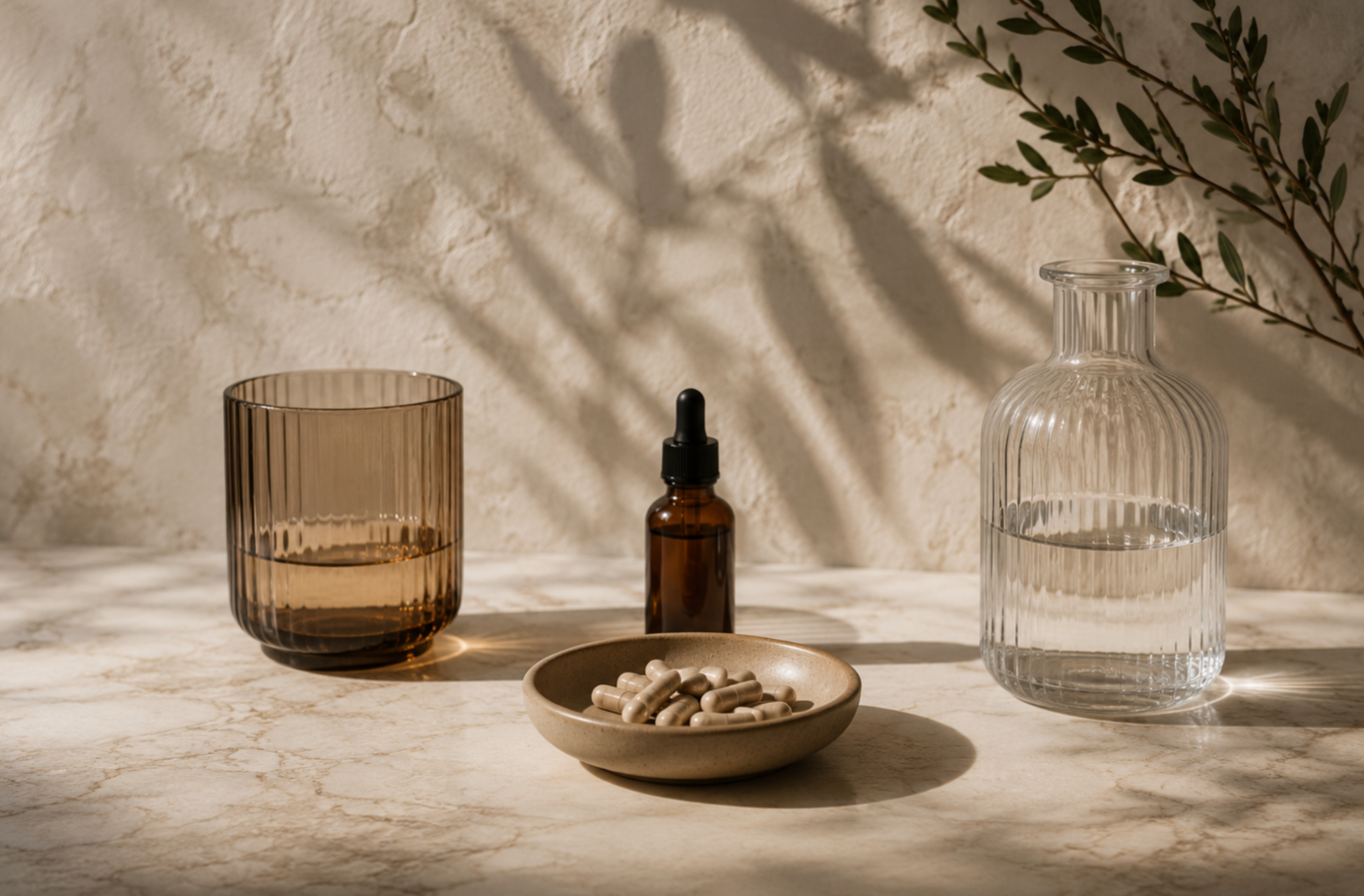Wellness-inspired still life with amber glass, supplements and natural botanical details.