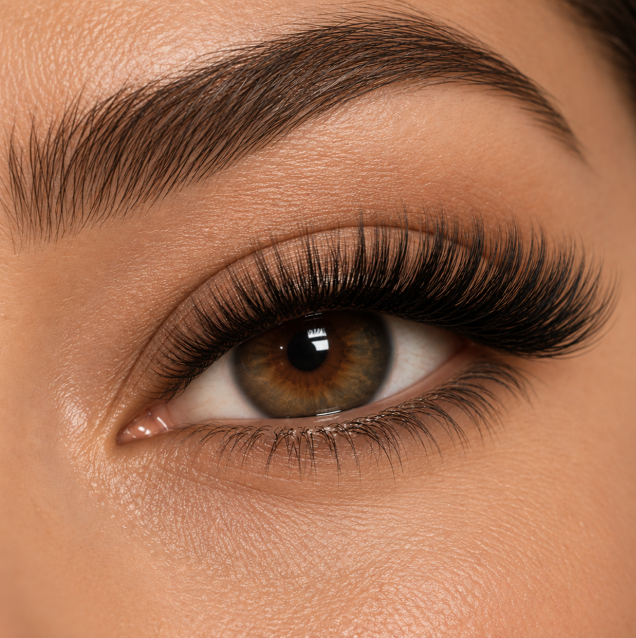 Close-up of a person's eye with long, dark eyelashes and well-shaped eyebrows, showing brown iris and detailed skin texture.