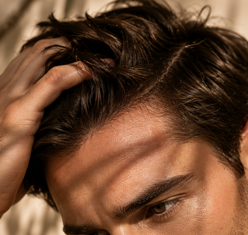 Close-up of a man's hair and scalp representing hair restoration services