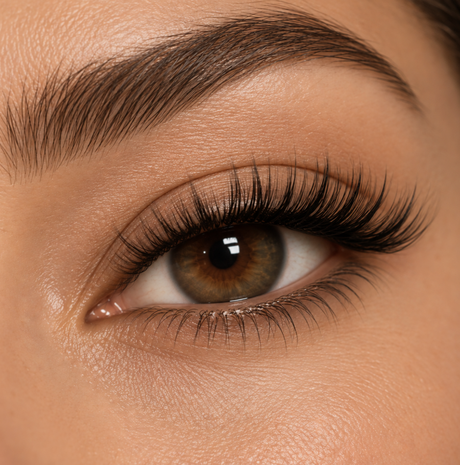 Close-up of a person's brown eye with long eyelashes, well-groomed eyebrow, and smooth skin surrounding the eye.