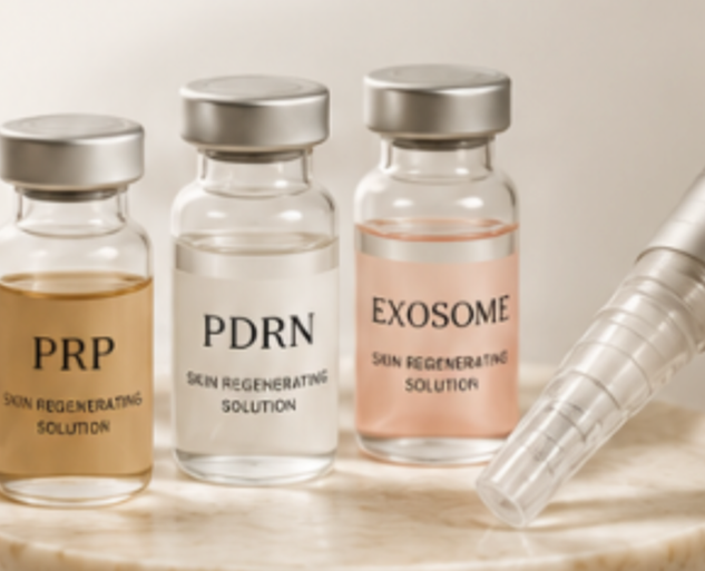 Three small glass bottles labeled PRP, PDRN, and EXOSOME, each containing different skin regenerative solutions, with an applicator beside them on a marble surface.