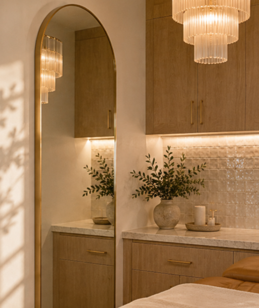 Warm luxury aesthetic interior with arched mirror, chandelier, wood cabinetry and neutral finishes.