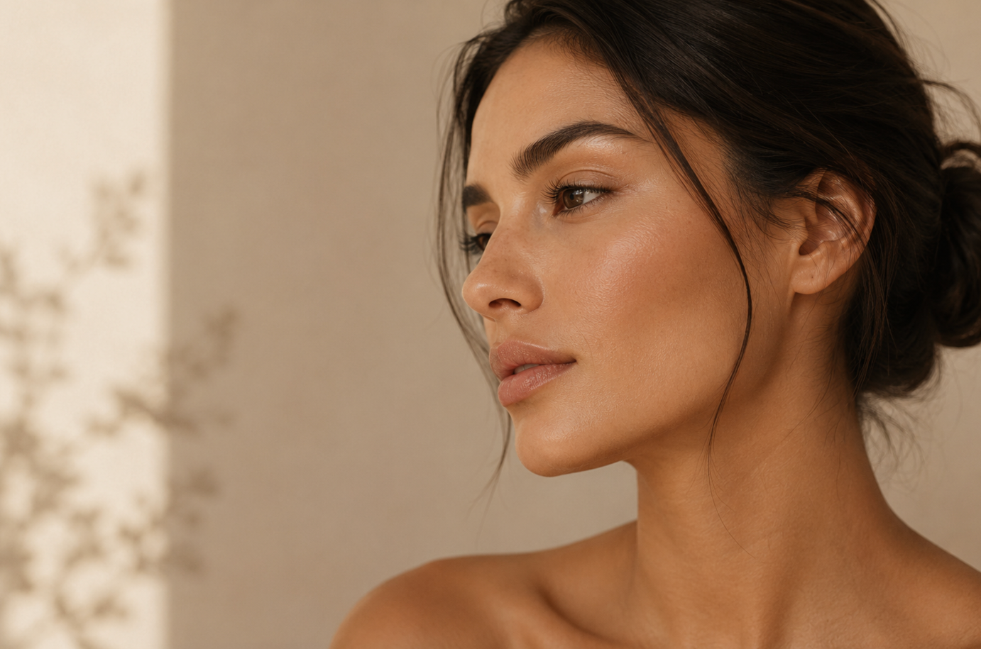 Woman with smooth, radiant skin in warm natural light.