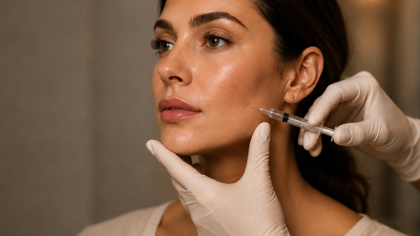 A woman receiving a cosmetic injection in her cheek from a healthcare professional wearing gloves.