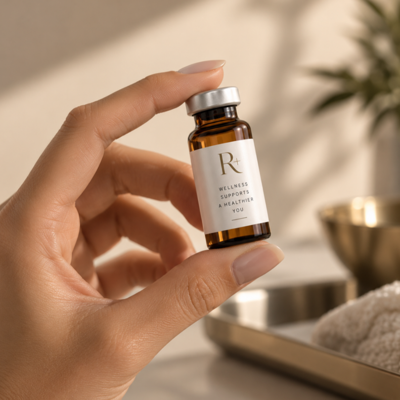 A person holding a small amber medicine bottle with a white label reading 'Rx Wellness Supports a Healthier You.'