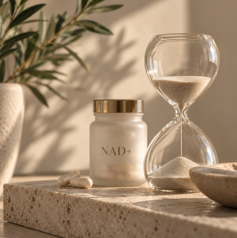 A container labeled NAD+ supplements, a few white capsules, an hourglass with sand, a potted plant, and a bowl on a textured surface with natural lighting.