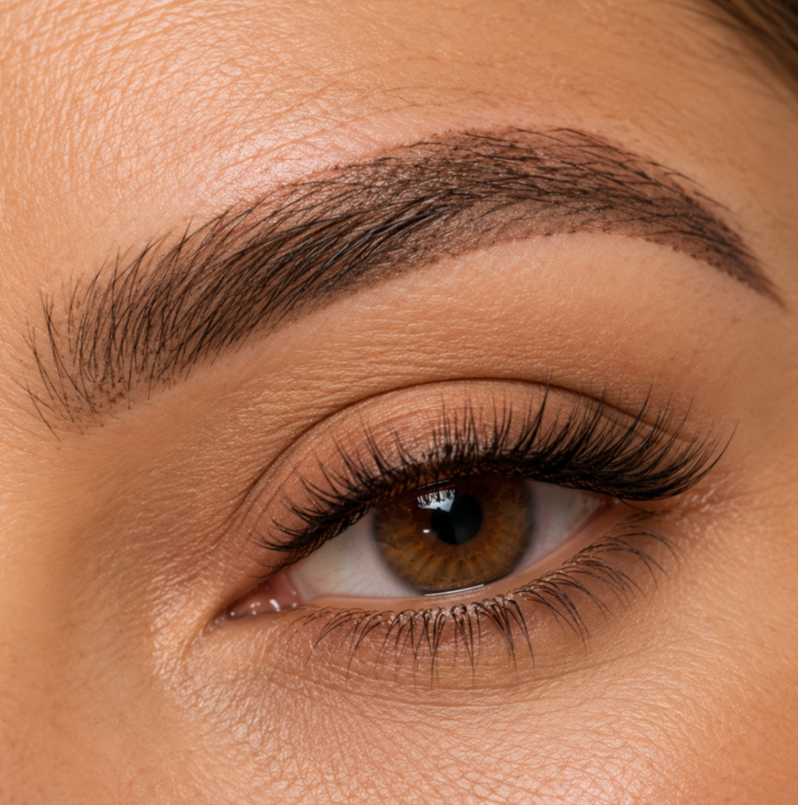 Close-up of a refined eyebrow representing corrective permanent brow artistry