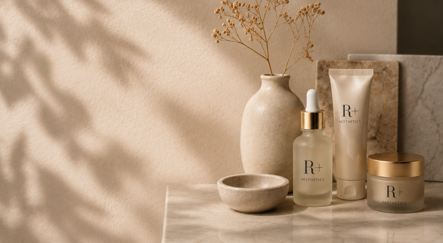 R+ Aesthetics skincare products styled with warm neutral stone and natural botanical details.