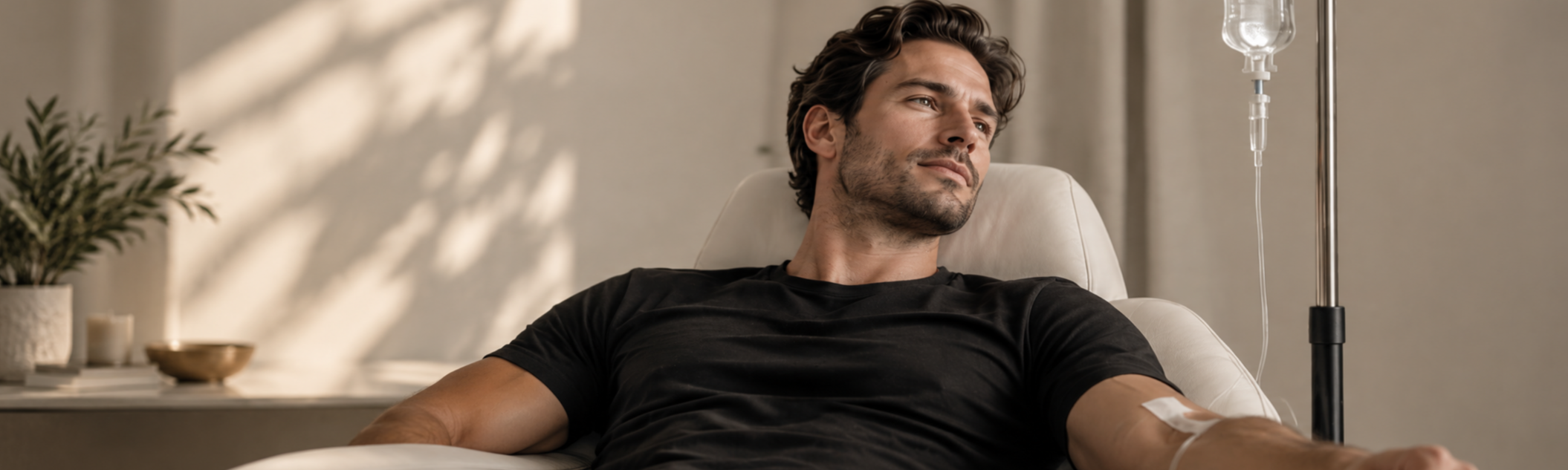 A man is lying on a hospital bed with an IV drip attached to his arm, looking contemplative.