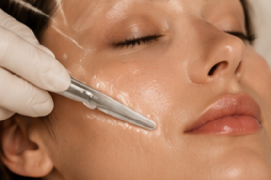 Close-up of woman receiving a cosmetic facial treatment with a tool on her cheek.