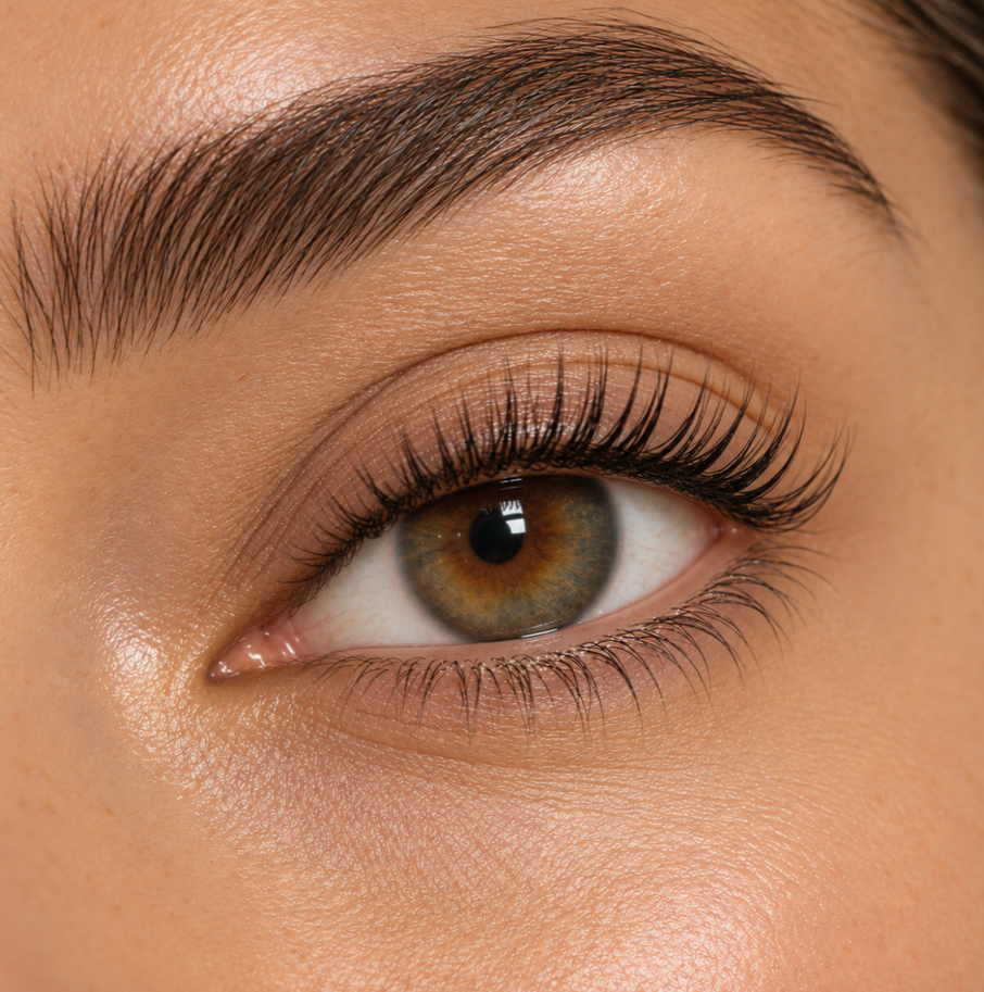 Close-up of a human eye with brown iris, long eyelashes, and well-groomed eyebrow.