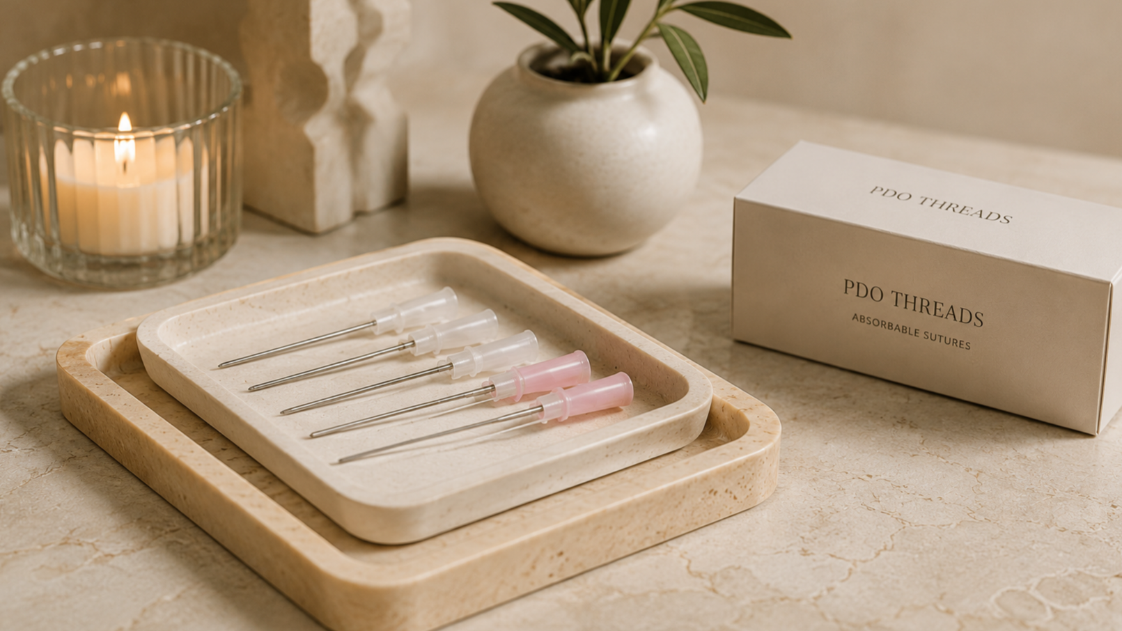 Sterile injection needles with pink and white handles arranged on a beige tray, surrounded by a box labeled 'PDO Threads' and 'Absorbable Sutures', a lit candle, and a potted plant on a marble surface.