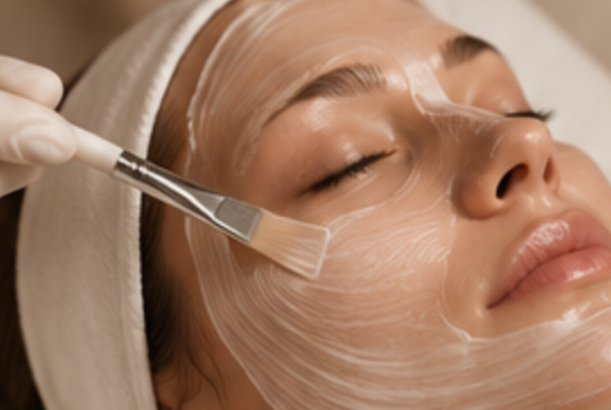 A woman receiving a facial treatment with a brush applicator on her face, lying with her eyes closed.