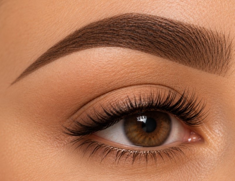 Close-up of a woman's eye with well-groomed eyebrow, long eyelashes, and subtle eye makeup.