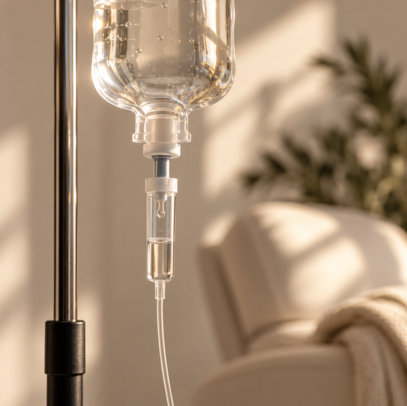 Intravenous (IV) drip with fluid bag hanging on a stand, in a room with a beige couch and blurred photo of a plant in the background.