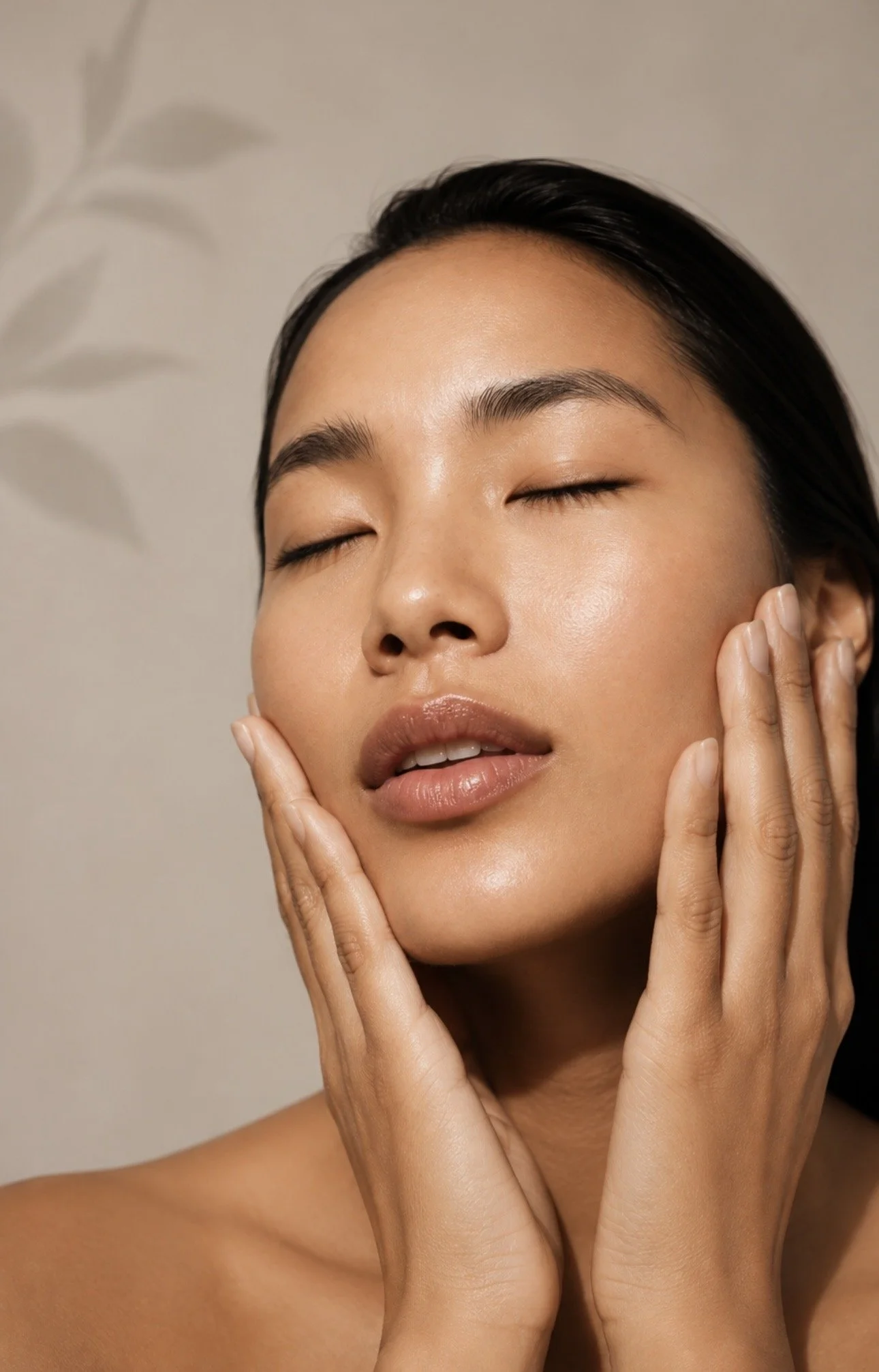 Woman with healthy glowing skin against a warm neutral background.