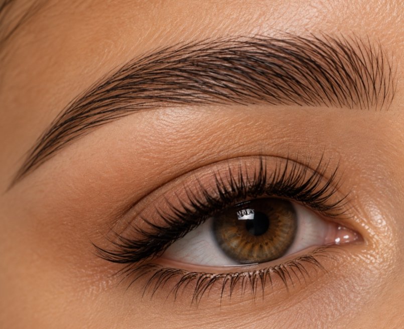 Close-up of a human eye with brown iris, long eyelashes, and well-groomed eyebrow.