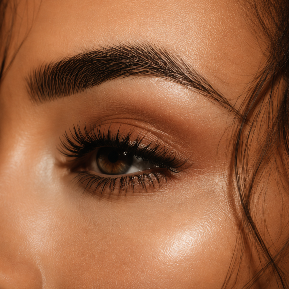 Close-up of professionally styled lash extensions and groomed eyebrow.