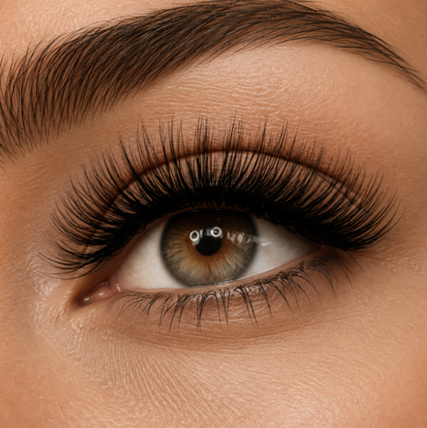 Close-up of natural-looking lash extensions and defined eyebrow.
