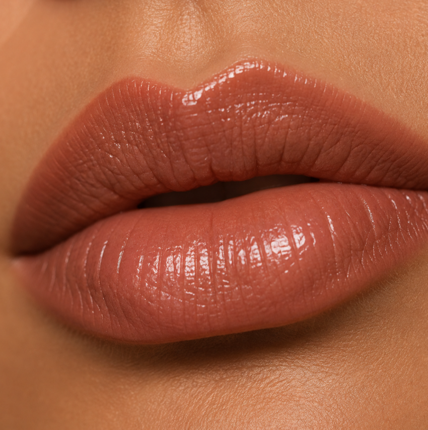 Close-up of softly defined lips with natural-looking color and gloss.
