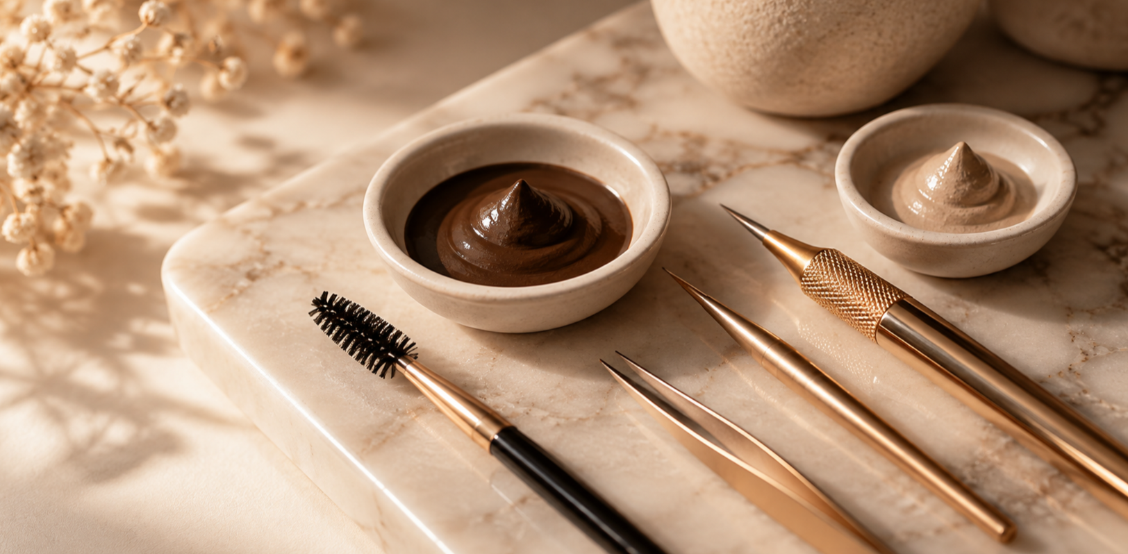 Permanent brow pigments and tools used for customized brow artistry