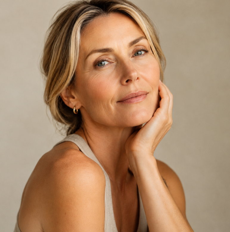 A mature woman with blonde hair styled subtly, wearing a tank top and small hoop earrings, resting her chin on her hand and looking confidently at the camera against a neutral background.
