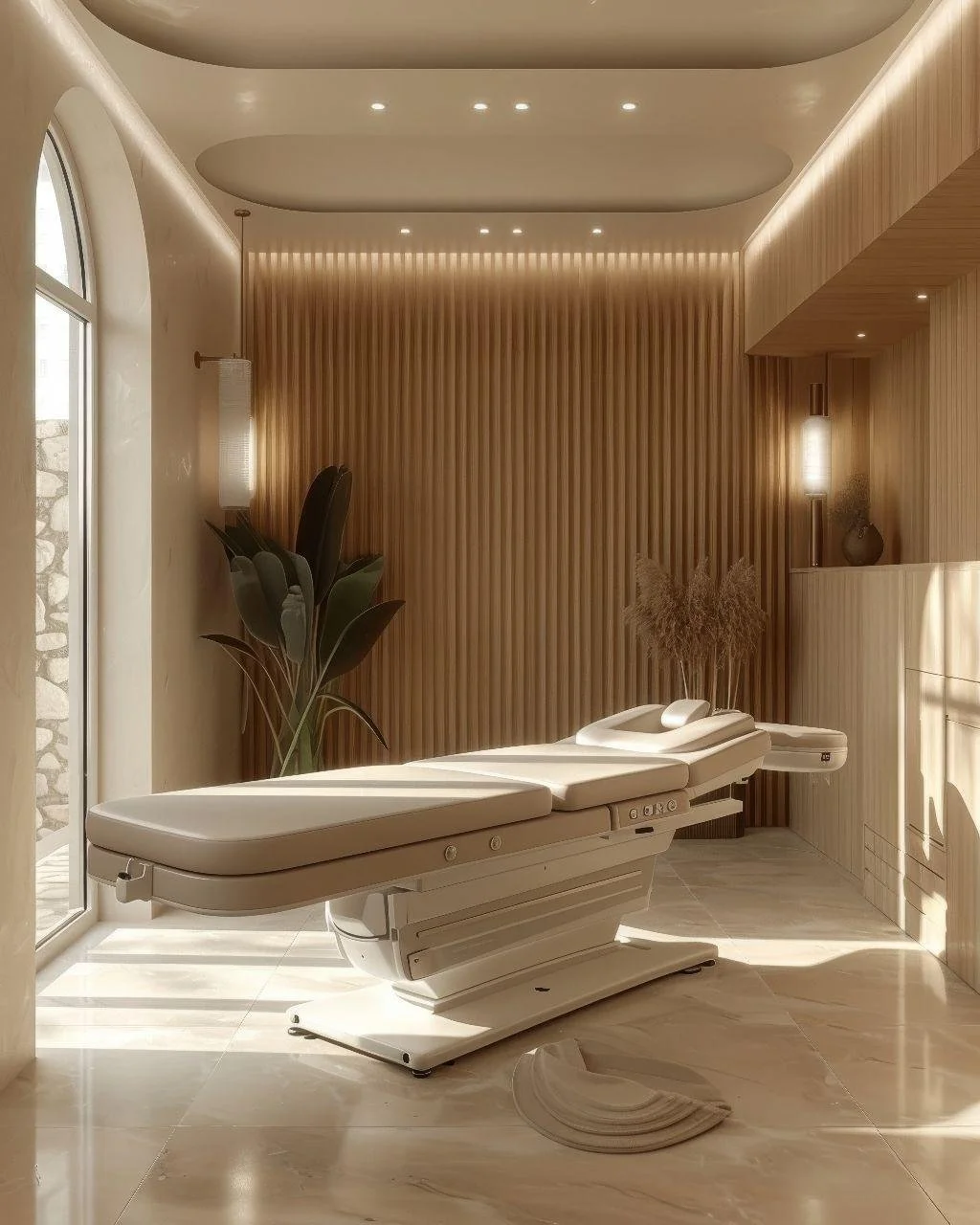 Luxury aesthetic treatment room with neutral tones, treatment bed, warm wood details and natural light.
