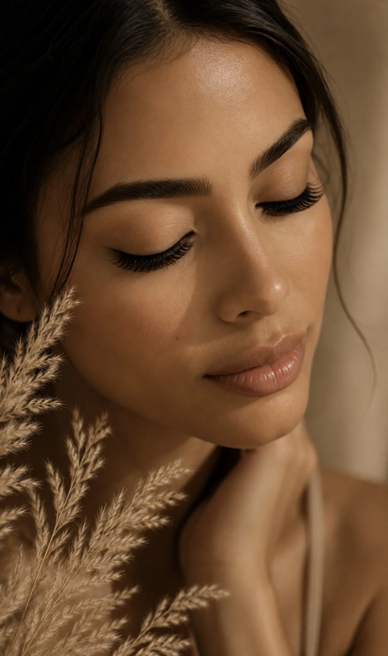 Close-up beauty portrait with natural makeup and warm neutral tones.