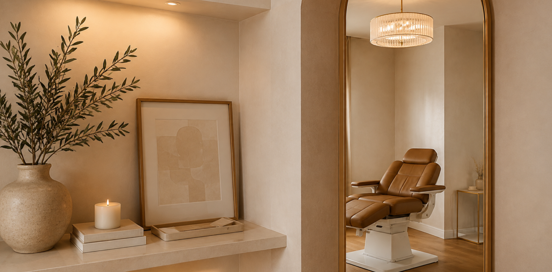Luxury R+ Aesthetics treatment room with warm neutral finishes, treatment chair and arched mirror.