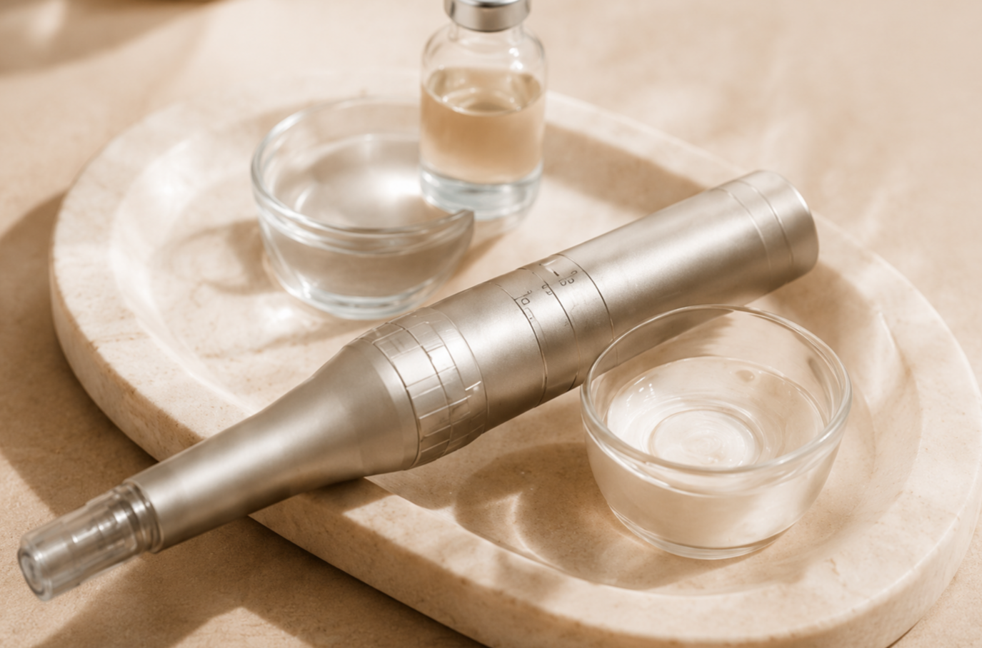 A metallic cocktail shaker, two small glass bowls with clear liquid, and a small glass bottle with liquid are placed on a round stone tray.