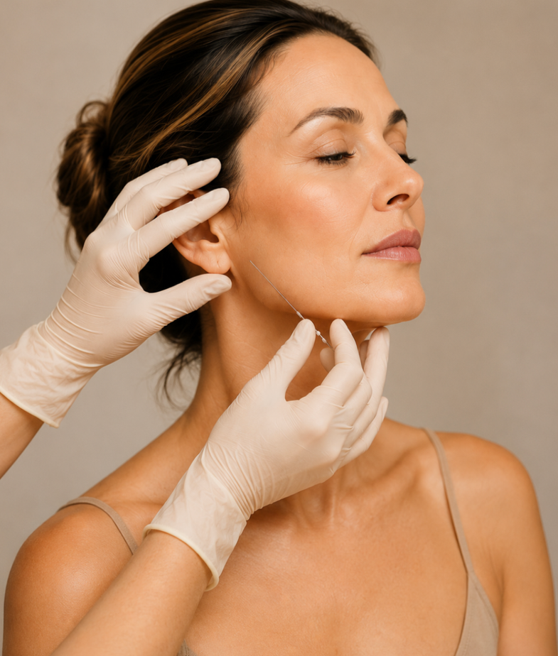 A woman with closed eyes is receiving a cosmetic treatment with a needle in her chin area, performed by a professional wearing gloves.
