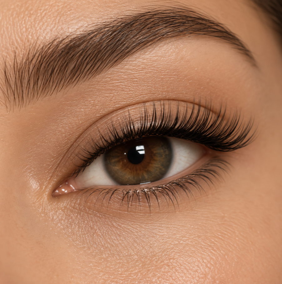 Close-up of a person's eye with brown iris, long curled eyelashes, and well-groomed eyebrow.