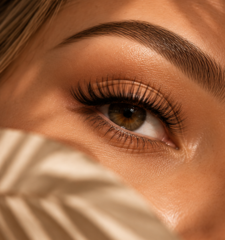 Close-up of defined eyelashes and eyebrows in warm natural lighting