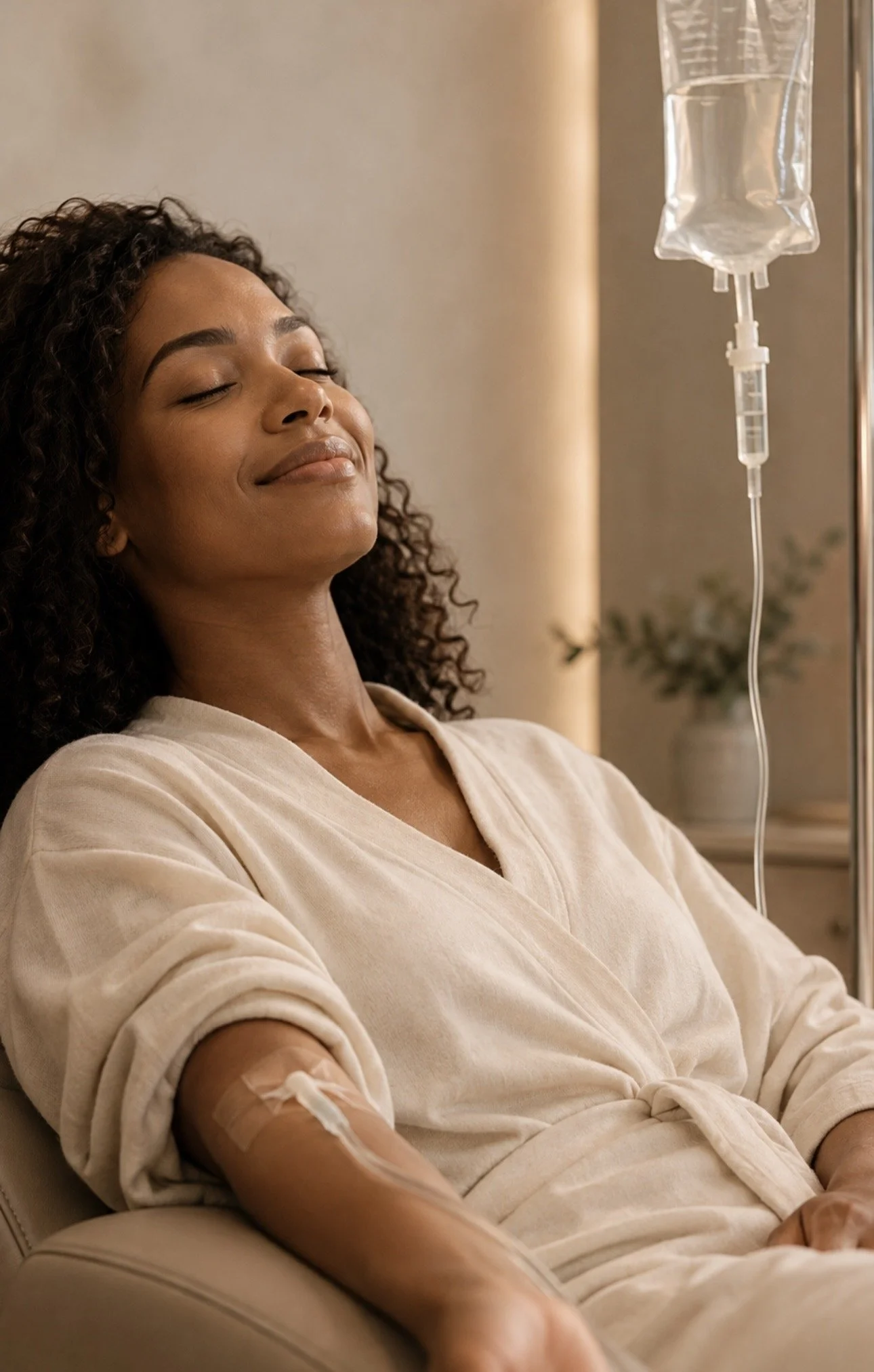 Woman relaxing during an IV wellness infusion in a calm, comfortable setting.