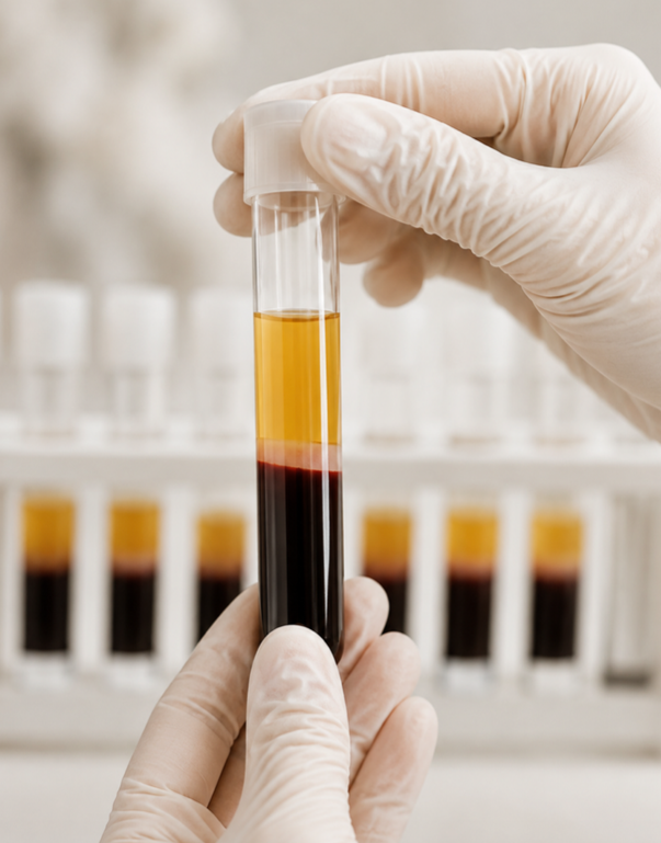 A laboratory technician holding a test tube containing a blood sample with yellow serum and red blood cells, with more test tubes filled with blood samples in the background.