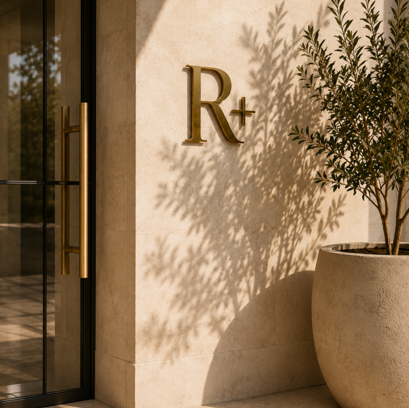 Warm neutral R+ Aesthetics entrance with brass signage, glass door and potted tree.