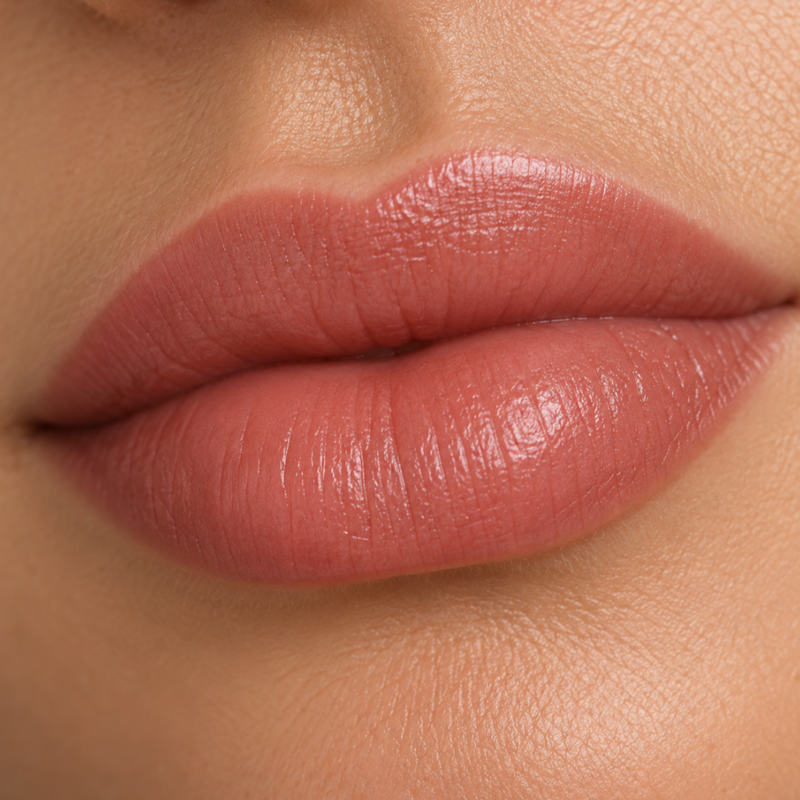 close-up of softly defined rosy nude lips representing lip blush tattooing