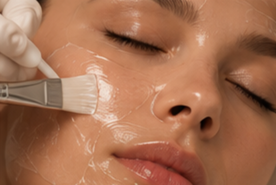 Close-up of a woman with closed eyes receiving a facial treatment, with a skincare product being applied using a brush.