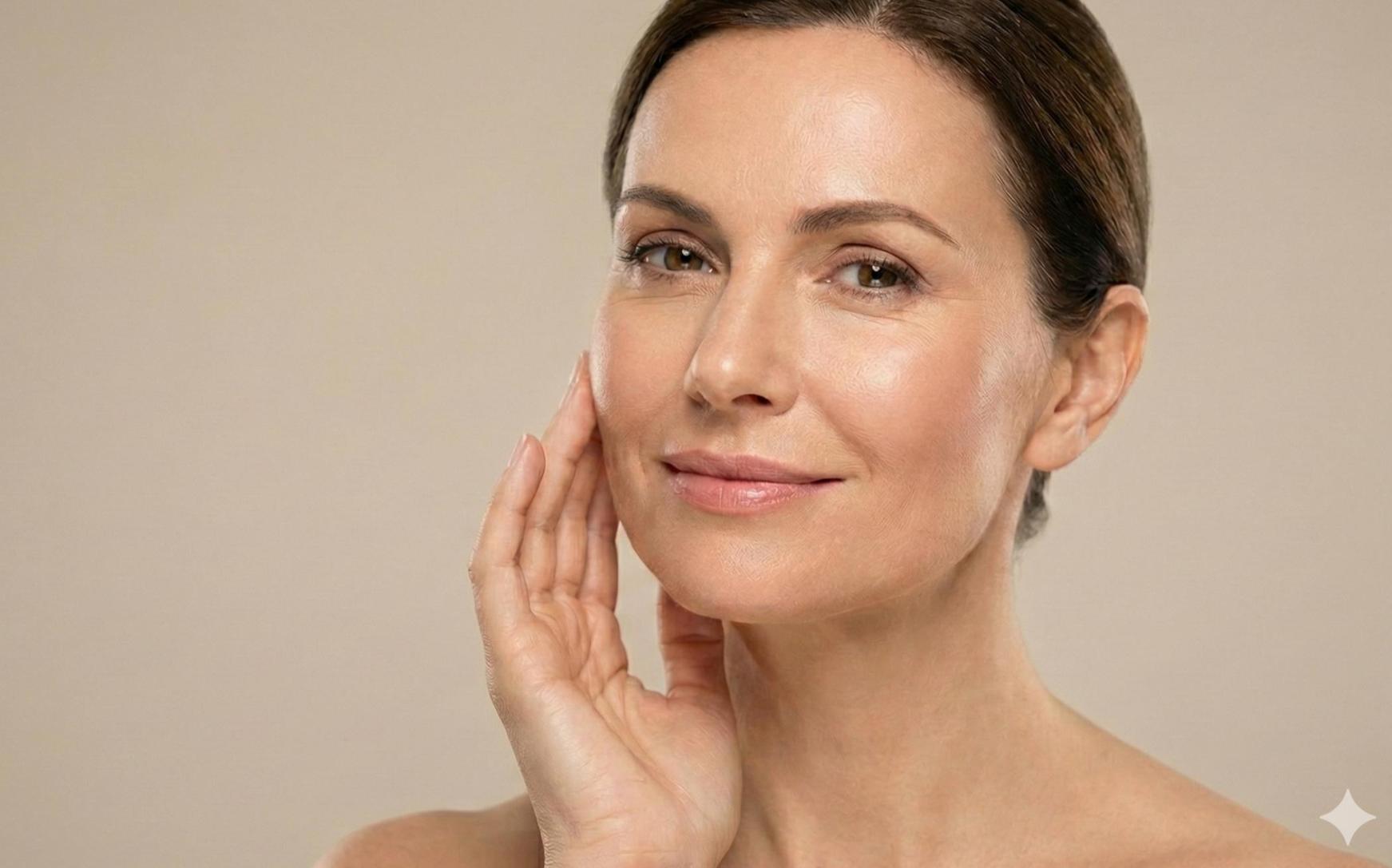 Woman with naturally radiant skin gently touching her jawline, illustrating skin quality and facial firmness in the R+ Aesthetics educational journal.