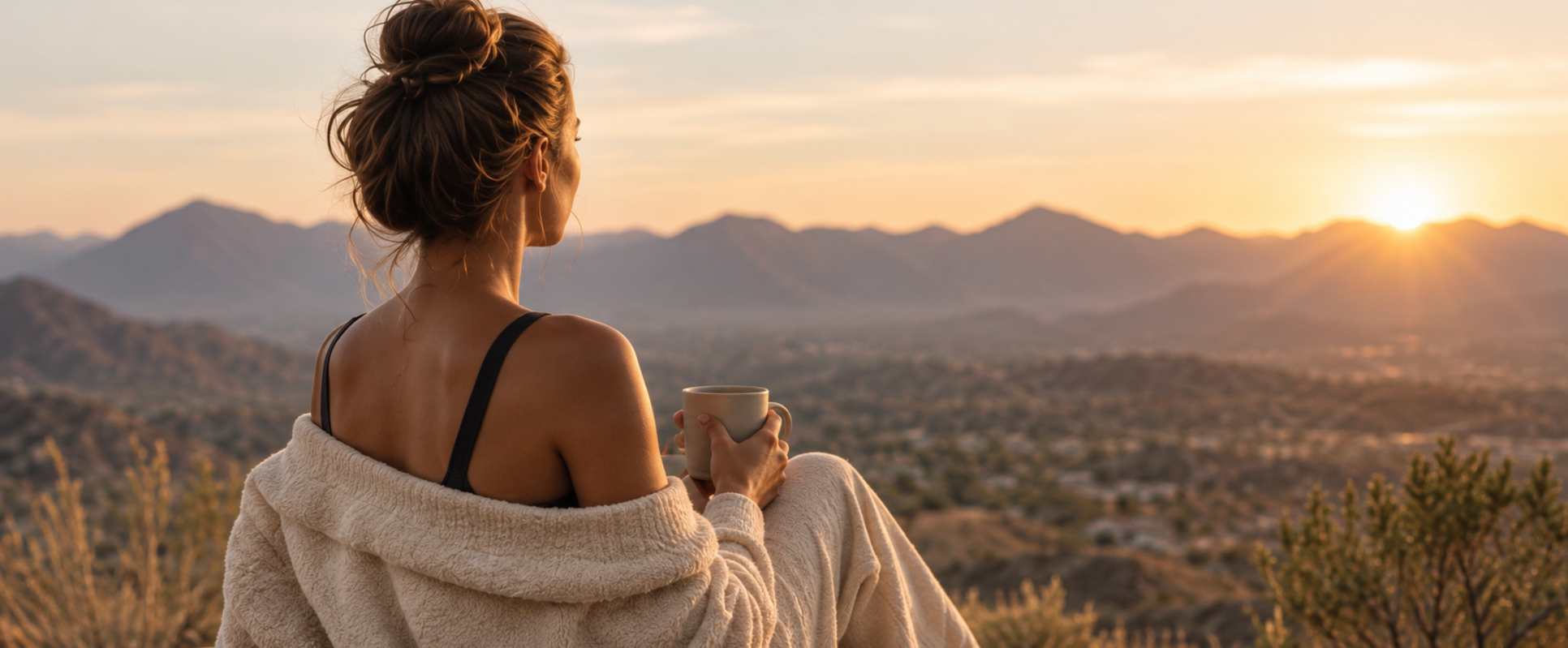 A woman with her hair in a bun, wearing a black strap top and beige cozy jacket, sitting outdoors and holding a mug, looking at a mountain range during sunset.