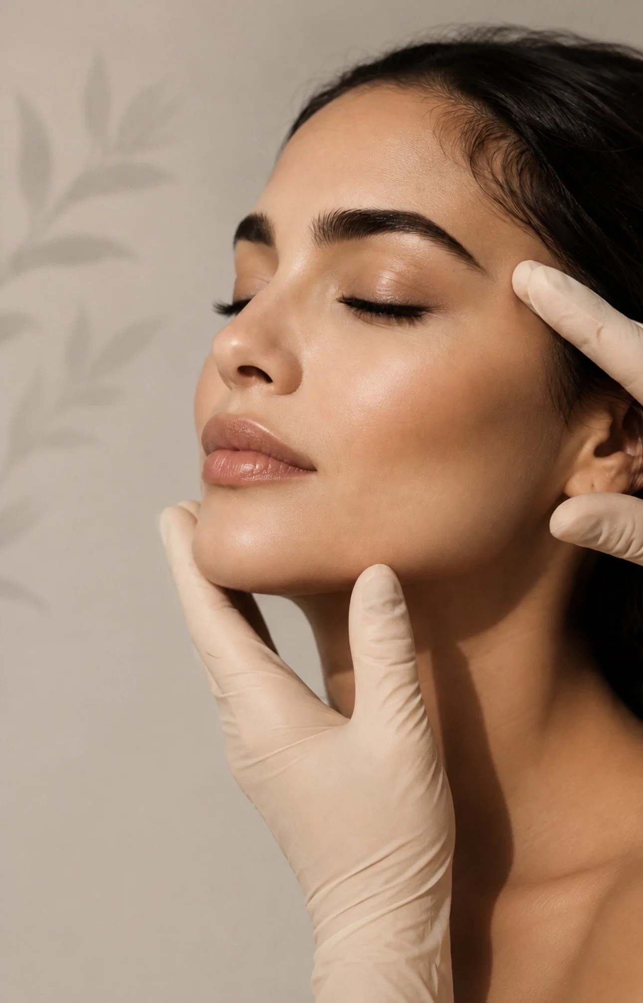 Woman receiving a professional facial aesthetic treatment with gloved hands.