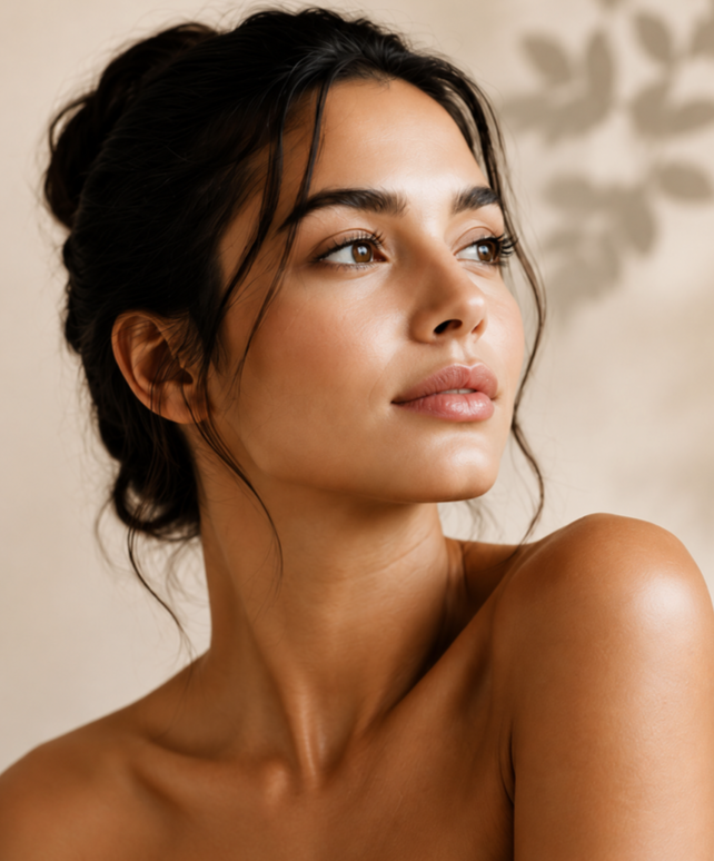 A young woman with dark hair styled in a loose updo, looking to the side with a serene expression, bare shoulders, and a neutral background.