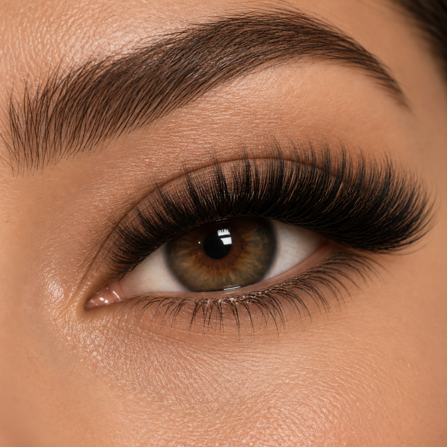 Close-up of a brown eye with well-groomed eyebrows and long, thick eyelashes.