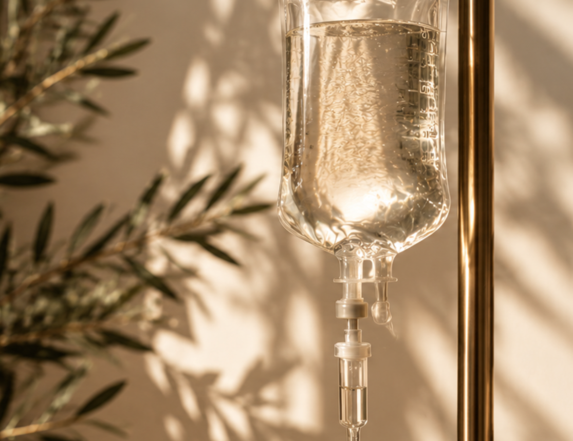 IV hydration drip displayed in a softly lit wellness setting