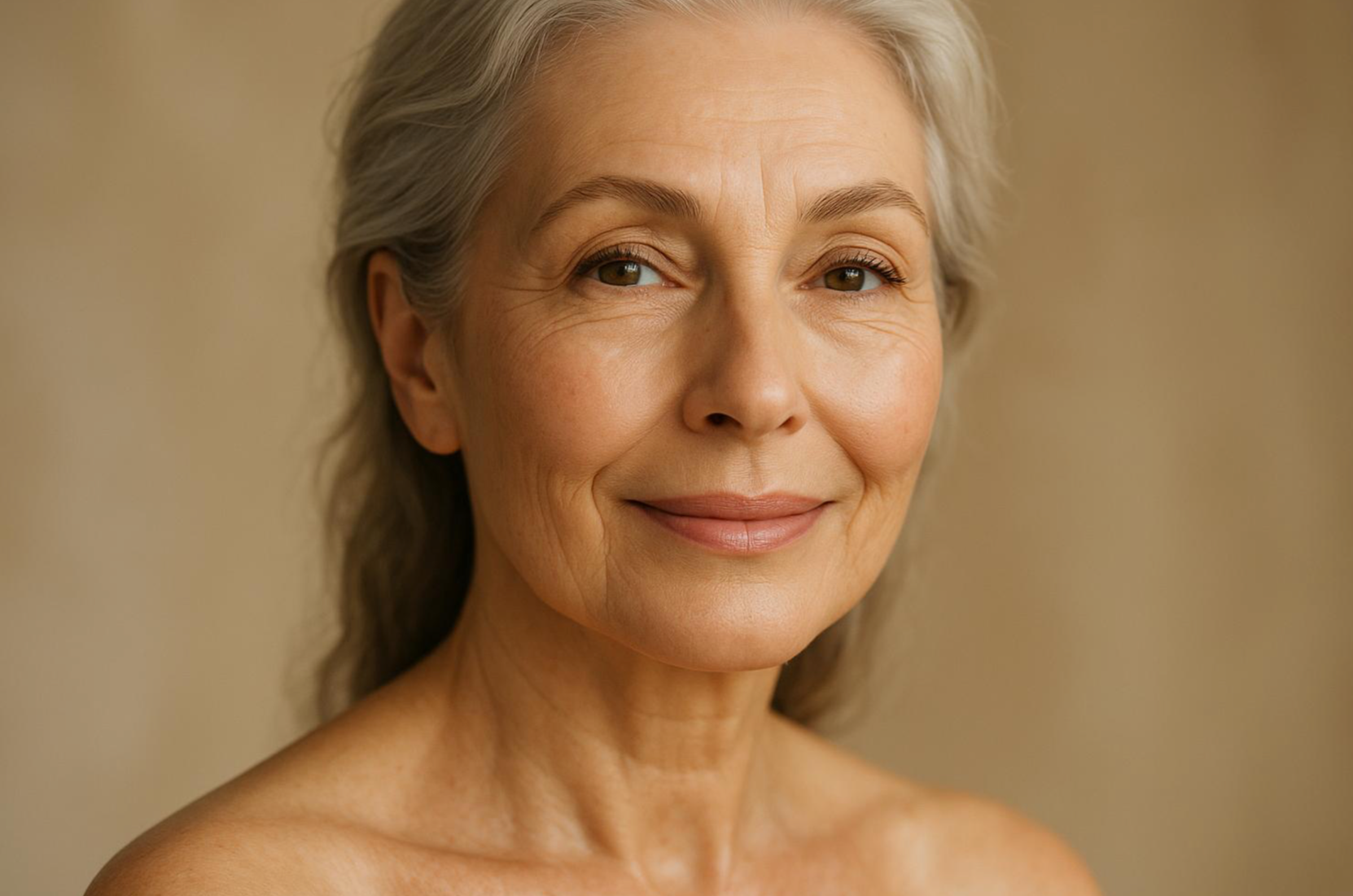 Mature woman with naturally radiant skin and soft, visible facial lines, celebrating healthy aging and natural beauty.