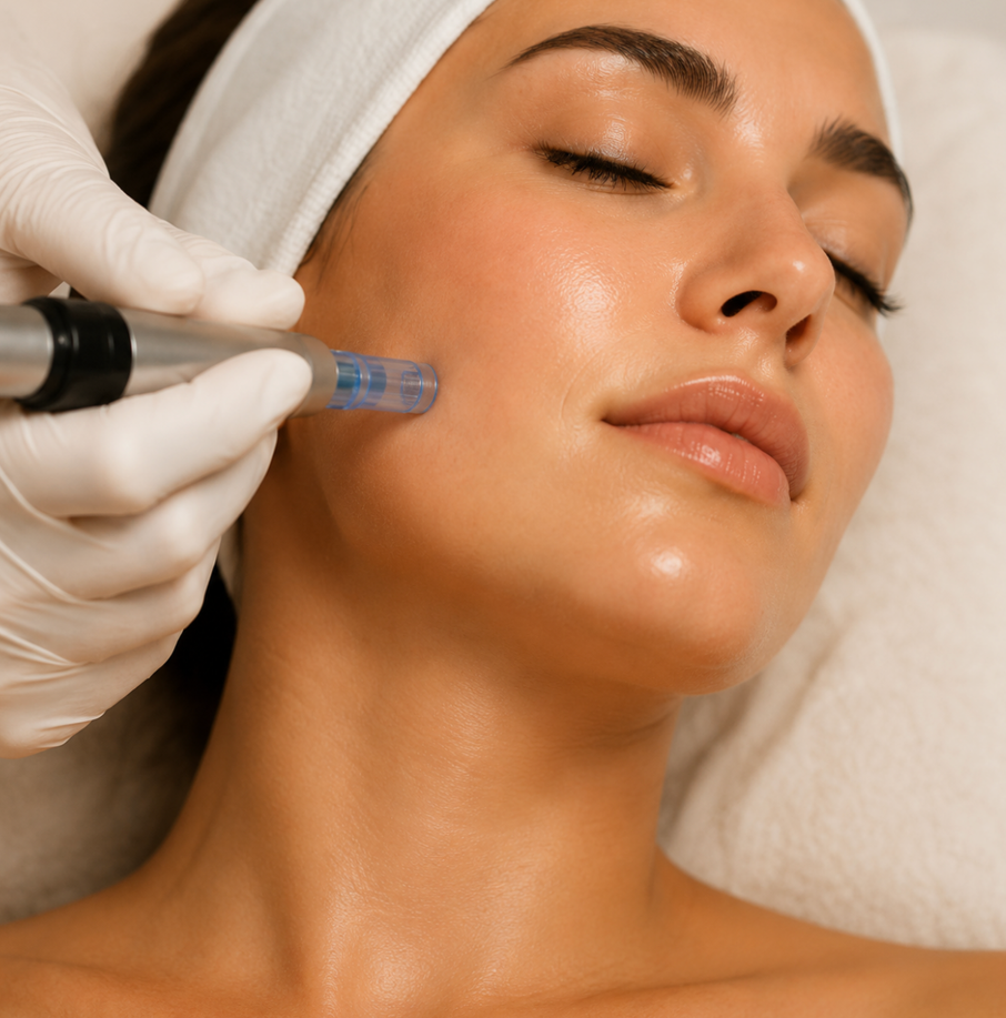 A woman lying down with eyes closed, receiving a facial treatment with a small device near her cheek, wearing a headband, and with a relaxed expression.