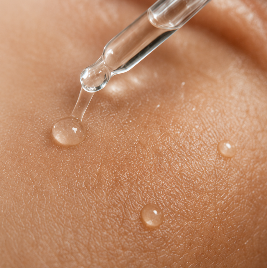 Close-up of a person's skin with a dropper applying a clear liquid, likely skincare product, on the skin surface.