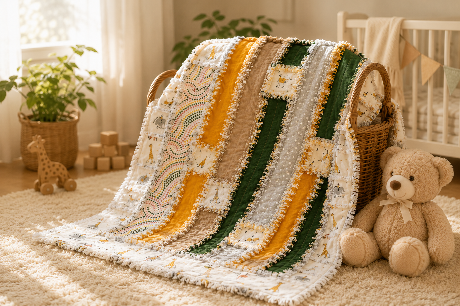 A colorful baby quilt with giraffe and elephant prints draped over a wicker basket in a nursery. A teddy bear sits beside the basket, and a wooden giraffe toy, a plant in a wicker basket, and stacked wooden blocks are in the background.